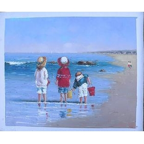 Three Chindren Subject Beach Background Pure Hand-painted Seascape Oil Paintings
