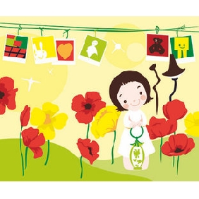 A Girl With Her Wall Pictures Light Yellow Background Flower Oil Paintings