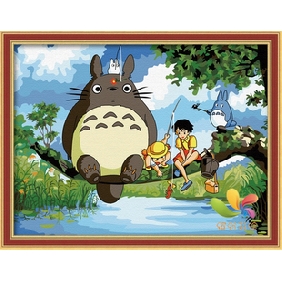 Cartoon Two Boys With Two Cats Blue Sky Background Landscape Oil Paintings