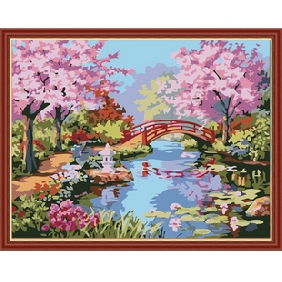 Romatic Cherry Blossom Subject Bridge Background Pure Hand-painted Landscape Oil Paintings