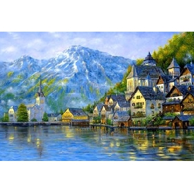 Bright Houses Subject High Mountain Background Frameless Seascape Oil Paintings