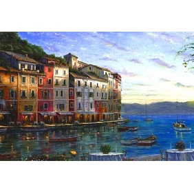 Calm Harbour Subject Building Background Vivid Colour Seascape Oil Paintings