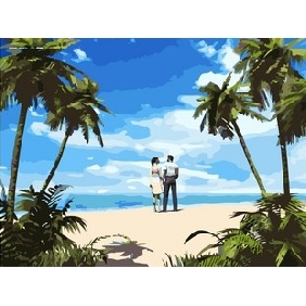 Two Lovers On Beach Blue Sky Background Wall Decoration