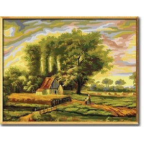 Green Background Filed Subject On Canvas Landscape Oil Paintings