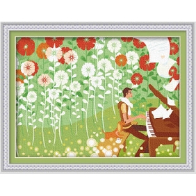 Framed A Man Playing Piano Subject Beautiful And Wonderful Flower Oil Paintings