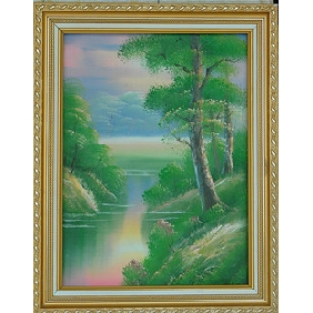 Green Trees Subject Calm River Background Framed Realist Oil Paintings