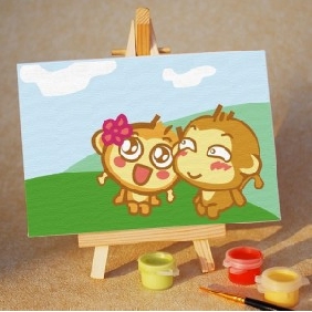 Cute Two Monkeys Subject Grassland Background Animal Oil Paintings