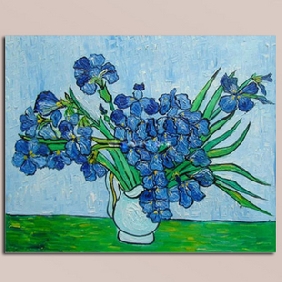 Blue Flower Subject Green Background Pure Hand-painted Impressionist Oil Paintings