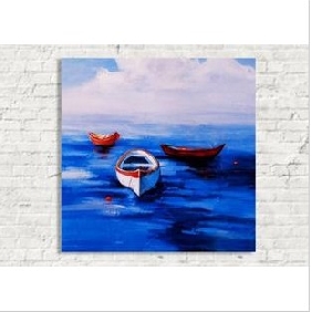 Dark Blue Water Subject Three Boats Background Light Gray Sky Seascape Oil Paintings