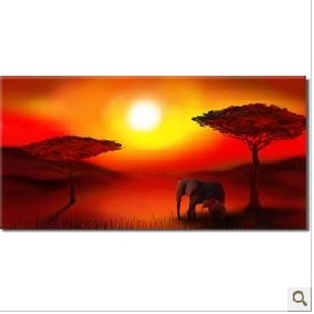 Red Background Sunrise Background Elepant Subject Animal Oil Paintings